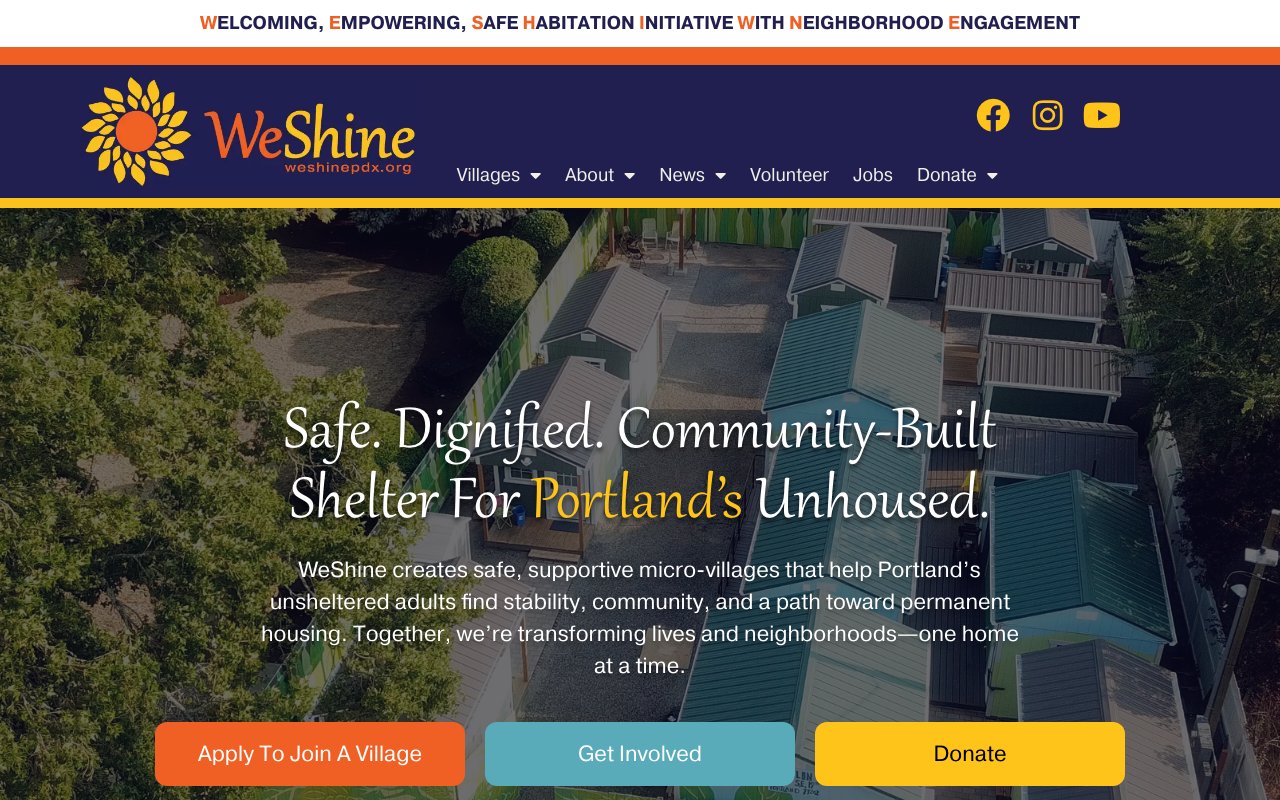 WeShine home page · Portland micro-village nonprofit