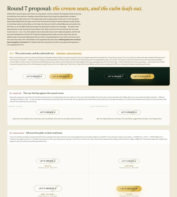 CTA lab · the button becomes a culm, captured frame