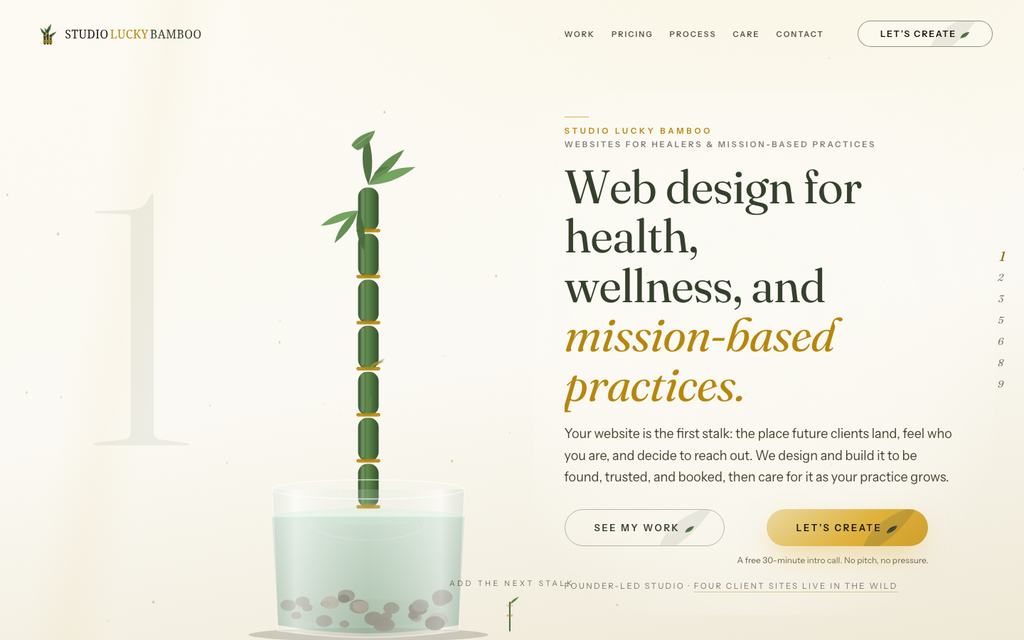 studioluckybamboo.com live homepage: the first stalk rising from a glass vase beside the headline Web design for health, wellness, and mission-based practices