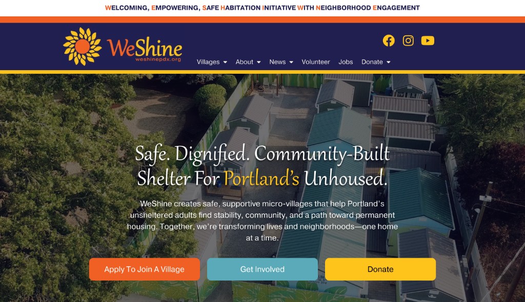 WeShine live site homepage, full header, hero, and primary CTAs at weshinepdx.org