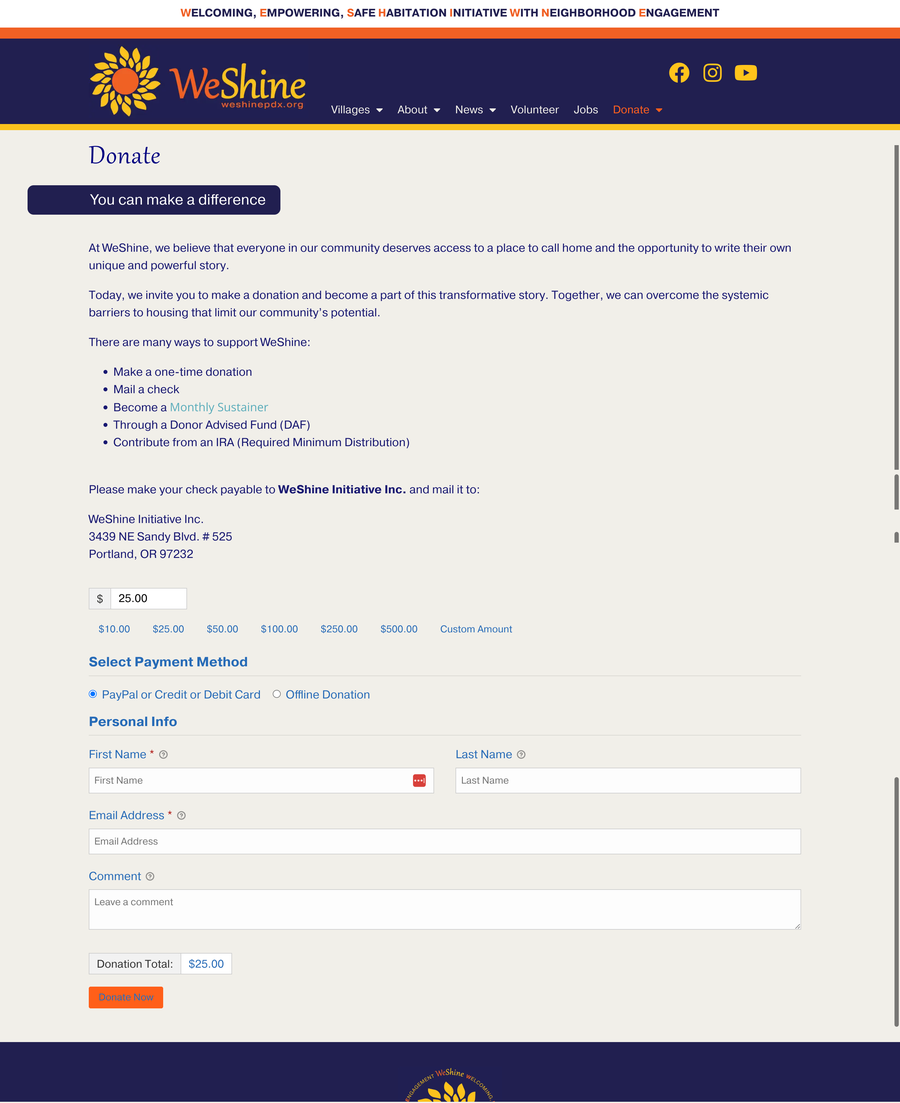 The WeShine donate page before the rebuild.
